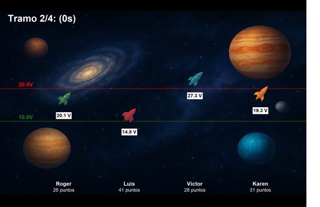 Juego de simulador espacial con naves medidoras de energía eléctrica kWh en pedaleo solidario.